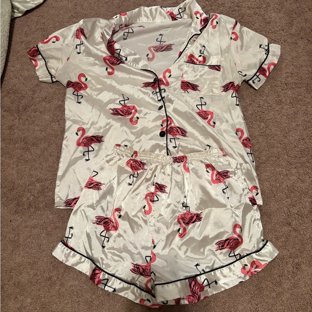 Amazon Women's Flamingo Print Pajama Set - White and Pink